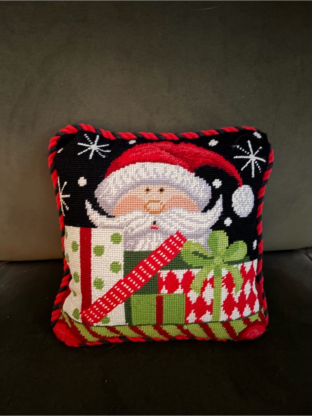 Holiday Santa Needlepoint Throw Pillow - Red, Green, Black